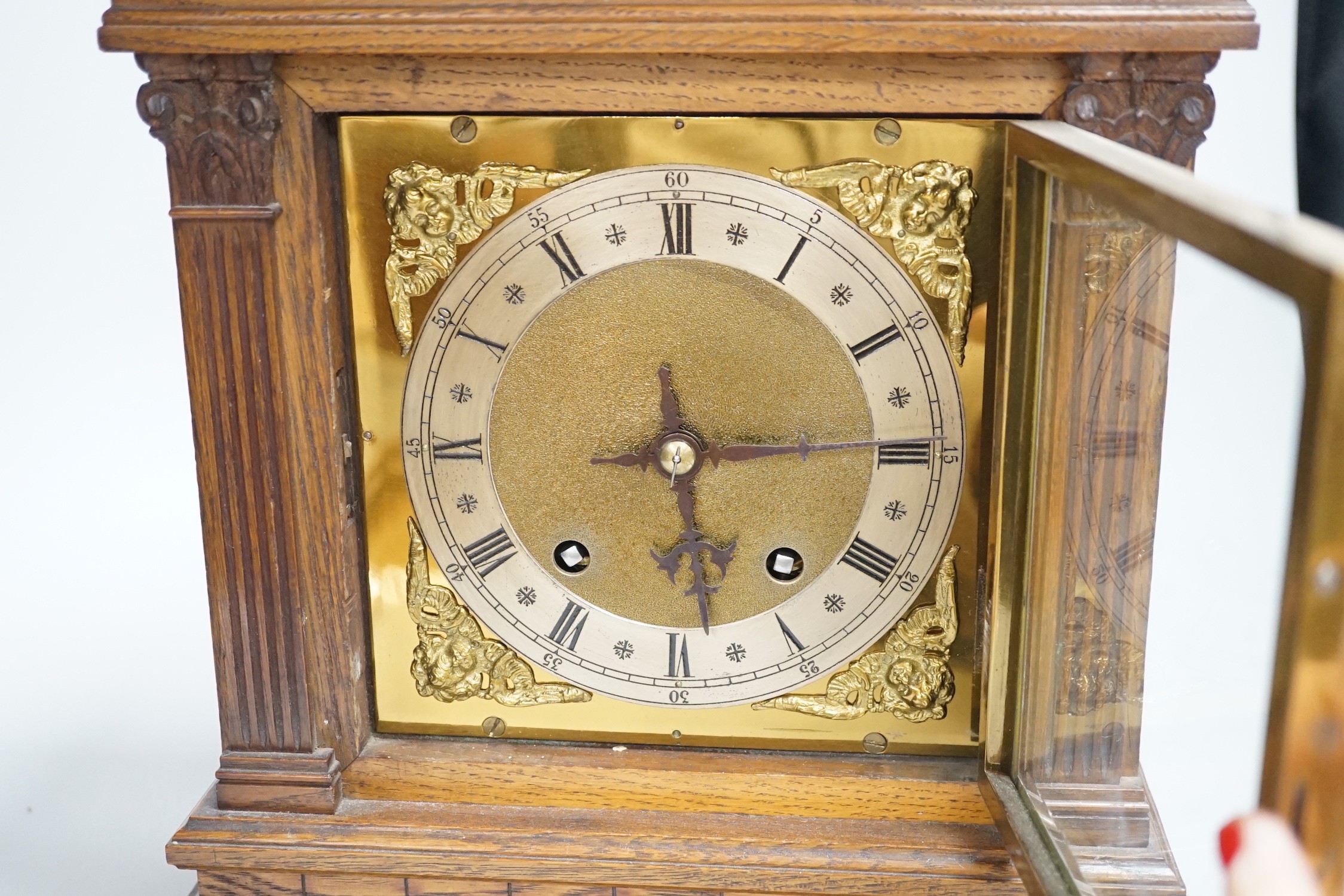 A late 19th century Black Forest oak bracket clock, 40.5cm
